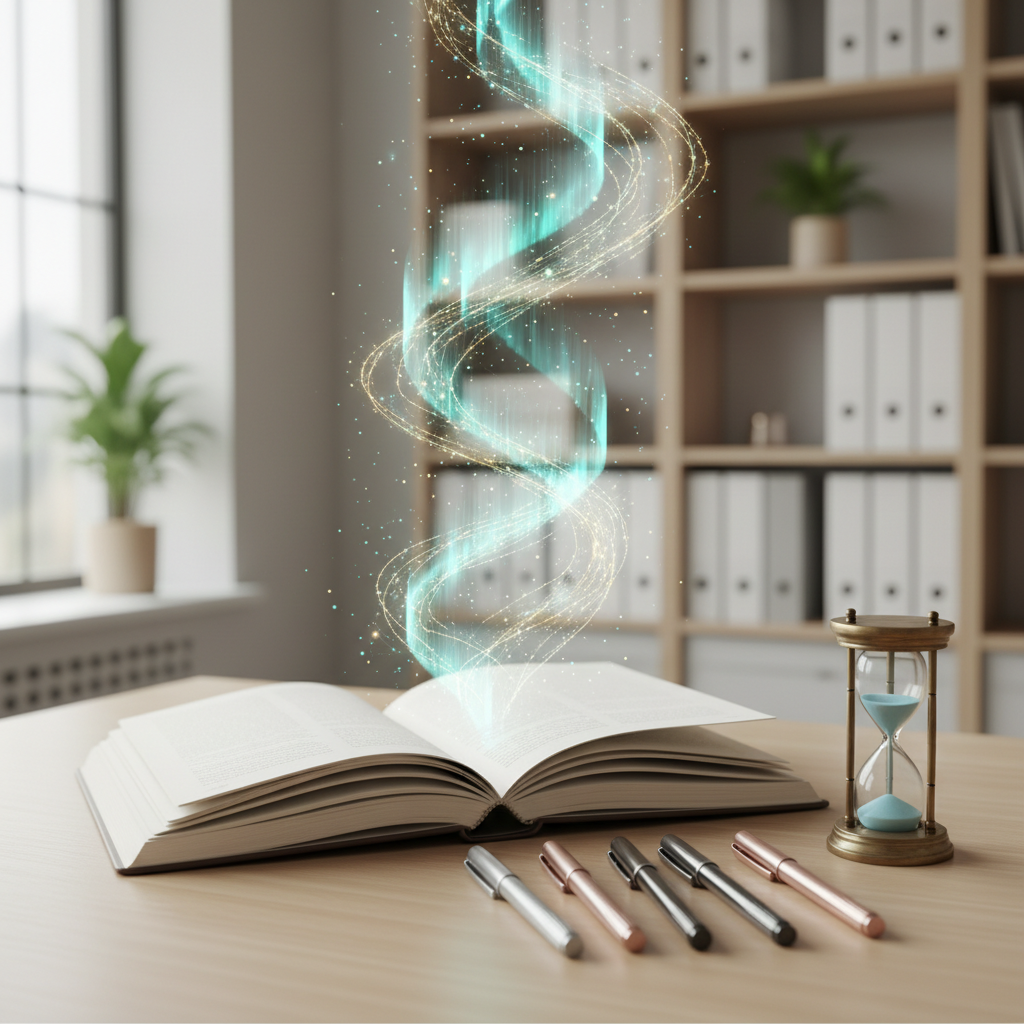An elegant, open notebook with thick ivory pages lies on a light oak desk, beside a neatly arranged set of fine-tip pens and a small hourglass filled with pale blue sand. Above the notebook, a semi-transparent overlay of neural pathways in soft teal and gold appears to rise like a gentle aurora, symbolizing new thought patterns formed through cognitive therapy. The environment is a calm, professional therapeutic office with blurred shelves of organized binders in the background. Soft, diffused daylight from a large window creates a serene, even illumination with minimal shadows. Photographic realism, eye-level composition, and a shallow depth of field focus attention on the notebook, evoking clarity, structure, and hopeful mental transformation.