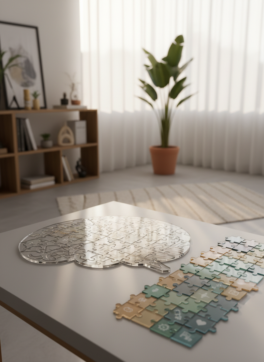 A large, clear acrylic puzzle in the shape of a brain lies partially assembled on a smooth, light gray tabletop. Several glossy, translucent pieces are arranged in neat, methodical rows nearby, each tinted in soft blues, greens, and warm neutrals to signify different cognitive skills. In the background, slightly out of focus, a tidy, professional therapy room features a simple bookshelf, a soft-textured rug, and a potted plant. Natural afternoon light filters through sheer white curtains, casting gentle, elongated shadows and subtle highlights on the acrylic pieces. Photographic realism, shot from a slightly elevated angle using the rule of thirds, creates a mood of careful problem-solving, patience, and hope in rebuilding mental pathways.