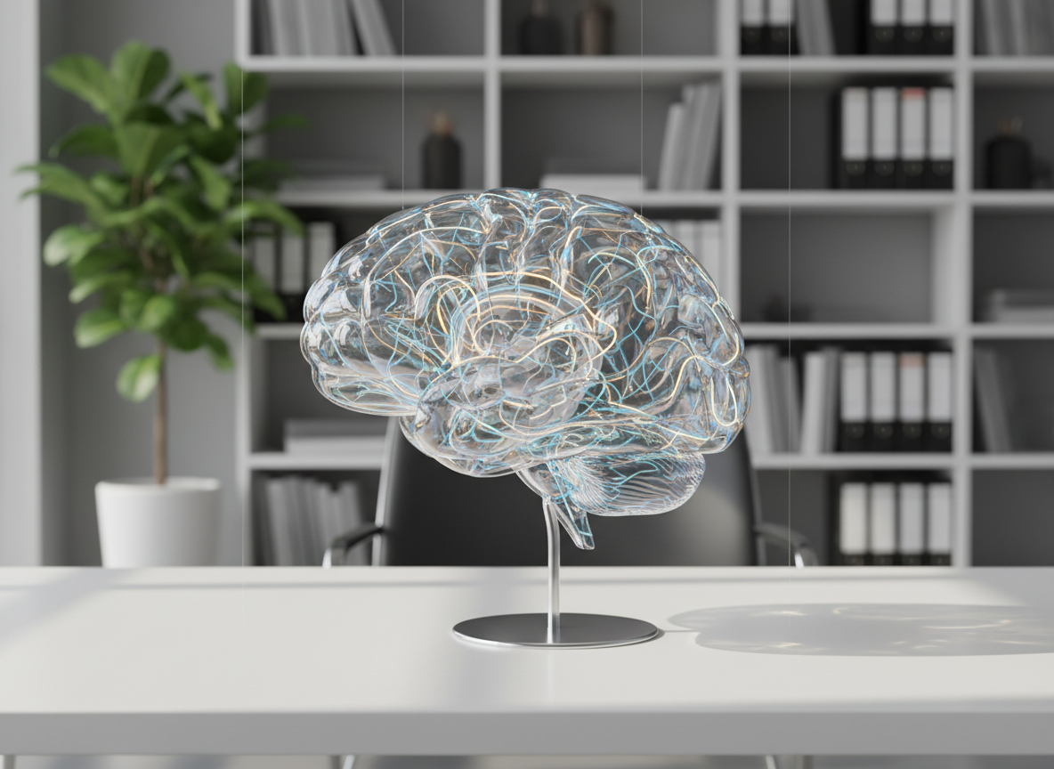 A detailed, three-dimensional transparent brain model made of smooth, clear glass-like material, suspended above a minimalist white desk. Inside the brain, softly glowing pathways in calming blues and gentle golds trace neural connections, suggesting cognitive therapy and mental clarity. The background is a professional, modern office with blurred bookshelves and a single green plant, all rendered in photographic realism. Soft morning daylight pours in from an unseen window to the left, creating delicate reflections on the brain’s surface and subtle shadows on the desk. Shot at eye level with a shallow depth of field, the composition centers the brain, conveying a mood of hope, scientific rigor, and quiet optimism about building cognitive strength.
