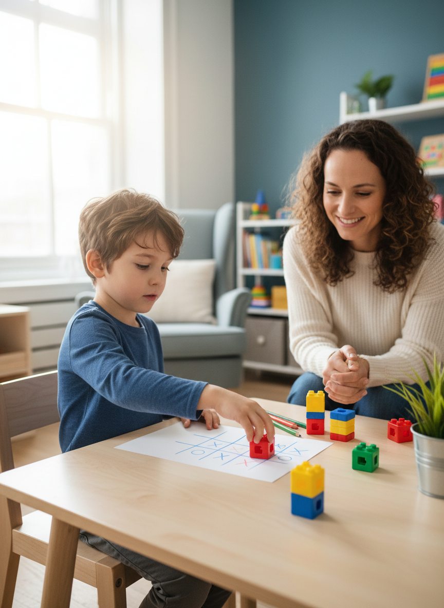 A young boy placing a colorful Unifix cube onto a tic-tac-toe board drawn on paper, with a warm female therapist sitting beside him encouragingly