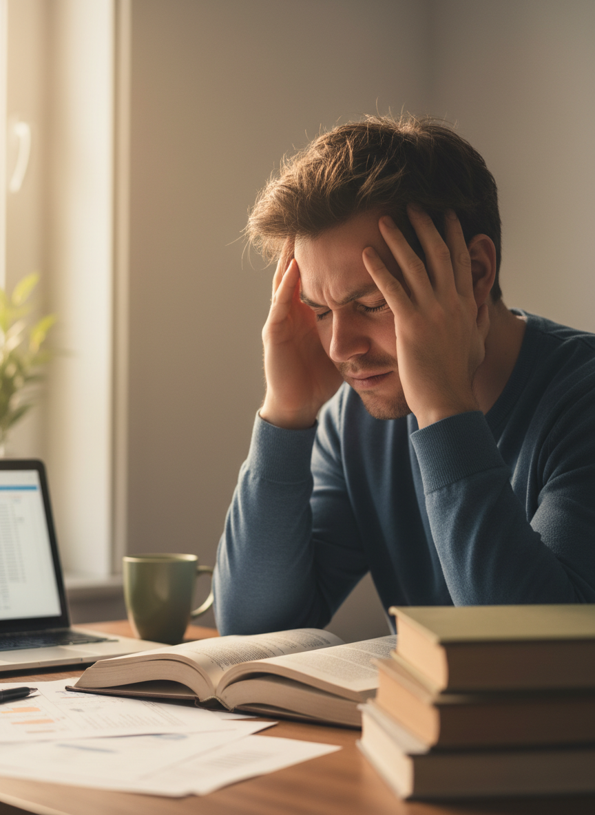 A person sitting at a desk or table, holding their head in their hands with a painful headache or mental struggle, looking stressed and overwhelmed. Soft, empathetic lighting. Professional, realistic photography style with a warm but muted color palette. Shallow depth of field.