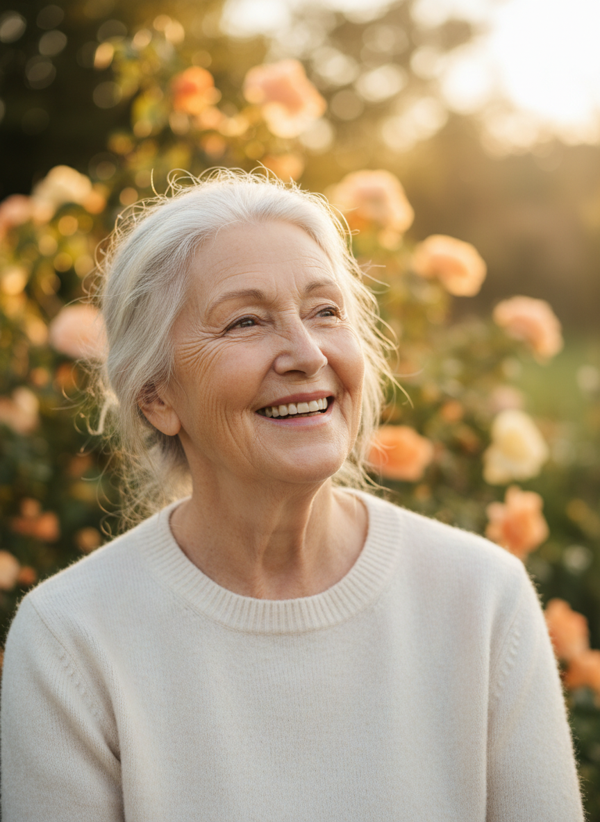 A senior citizen smiling warmly, looking hopeful and at peace.