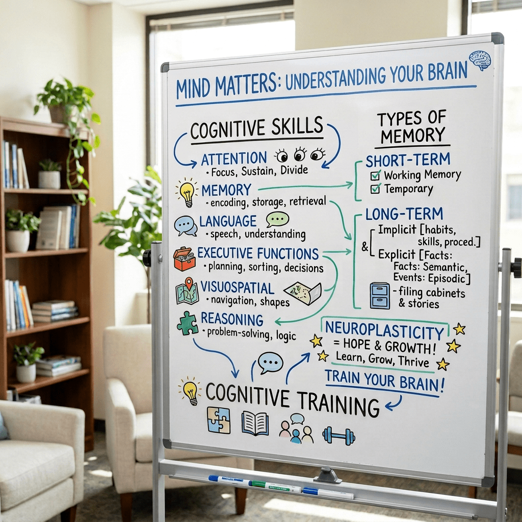 Whiteboard explaining cognitive skills and types of memory with two people discussing