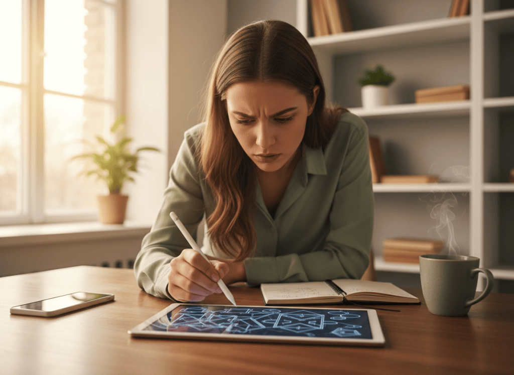 A child or adult deeply concentrating on a cognitive brain training activity, such as solving a puzzle or writing, in a calm and focused environment. The image should feel warm, professional, and visually convey mental focus, attention, and brain engagement. Soft lighting, clean composition.