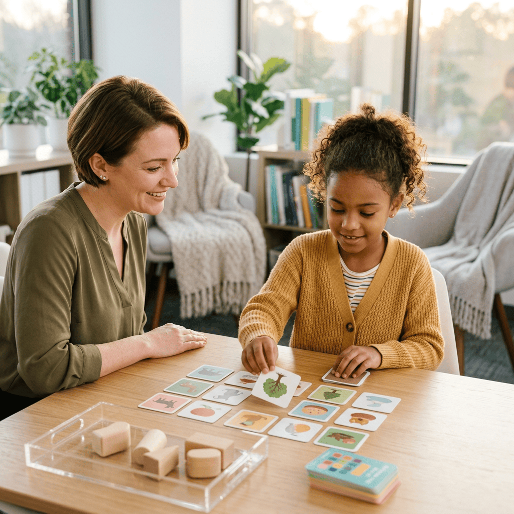 Adult and child matching colorful picture cards at a table