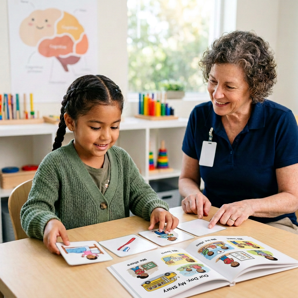 Child arranging picture cards with an occupational therapist at a classroom table